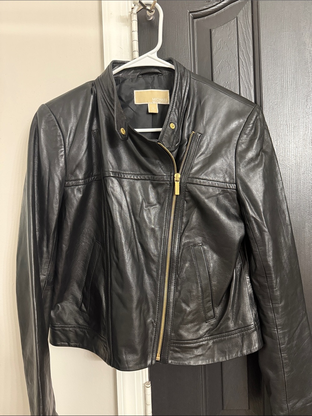 Michael Kors Black Leather Moto Jacket with Gold Hardware